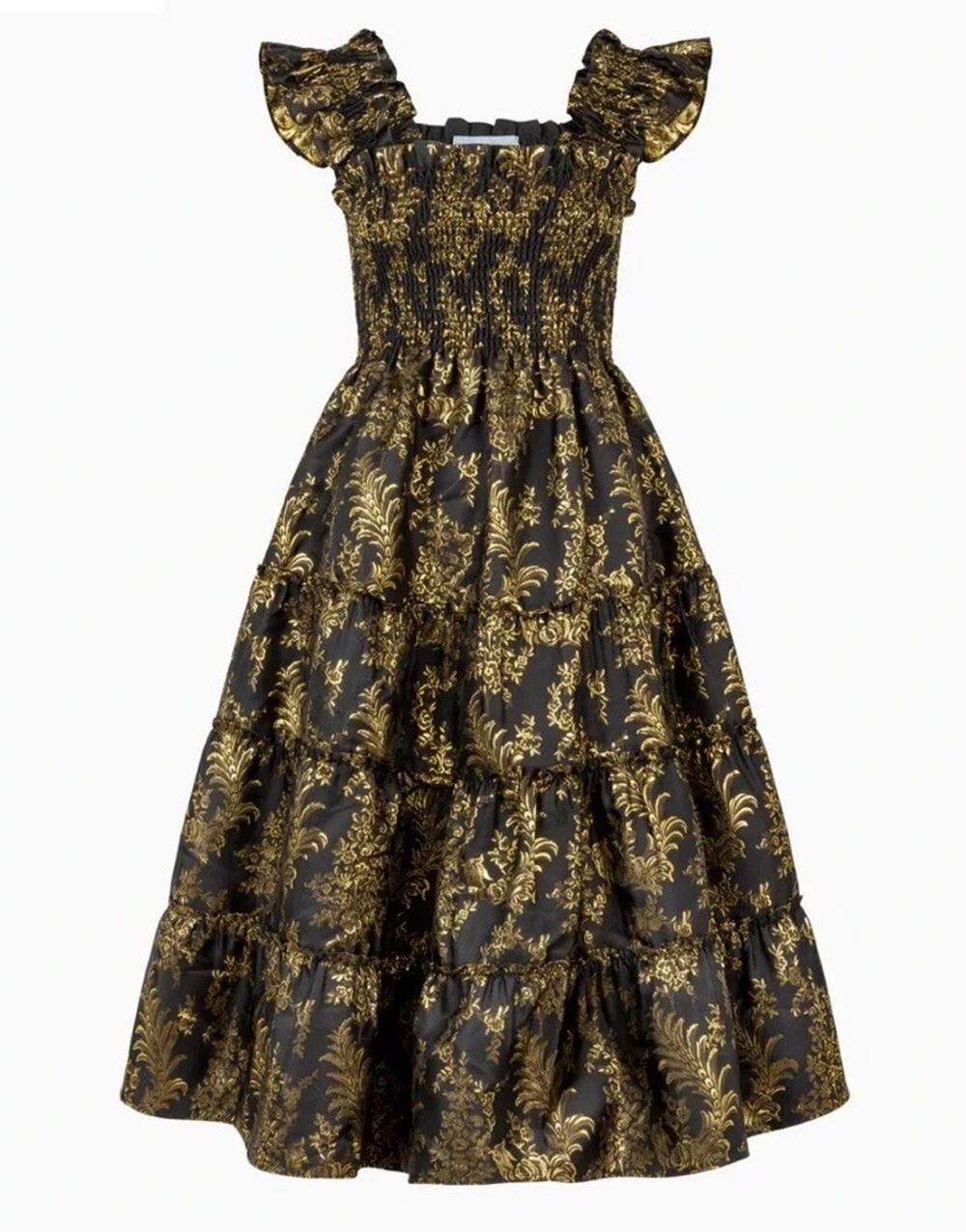 NWT Hill House Home Ellie Nap Dress Moody Bird Brocade Black Gold sz S